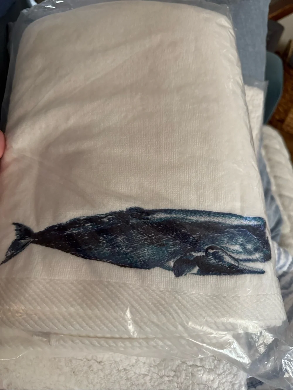 Tide Hill White Embroidered Whale Bath Towel set and bath mat.